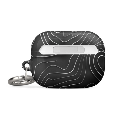 Start2Finish AirPods case with topographic pattern in black and gray, showcasing detailed geometric design and protective exterior.