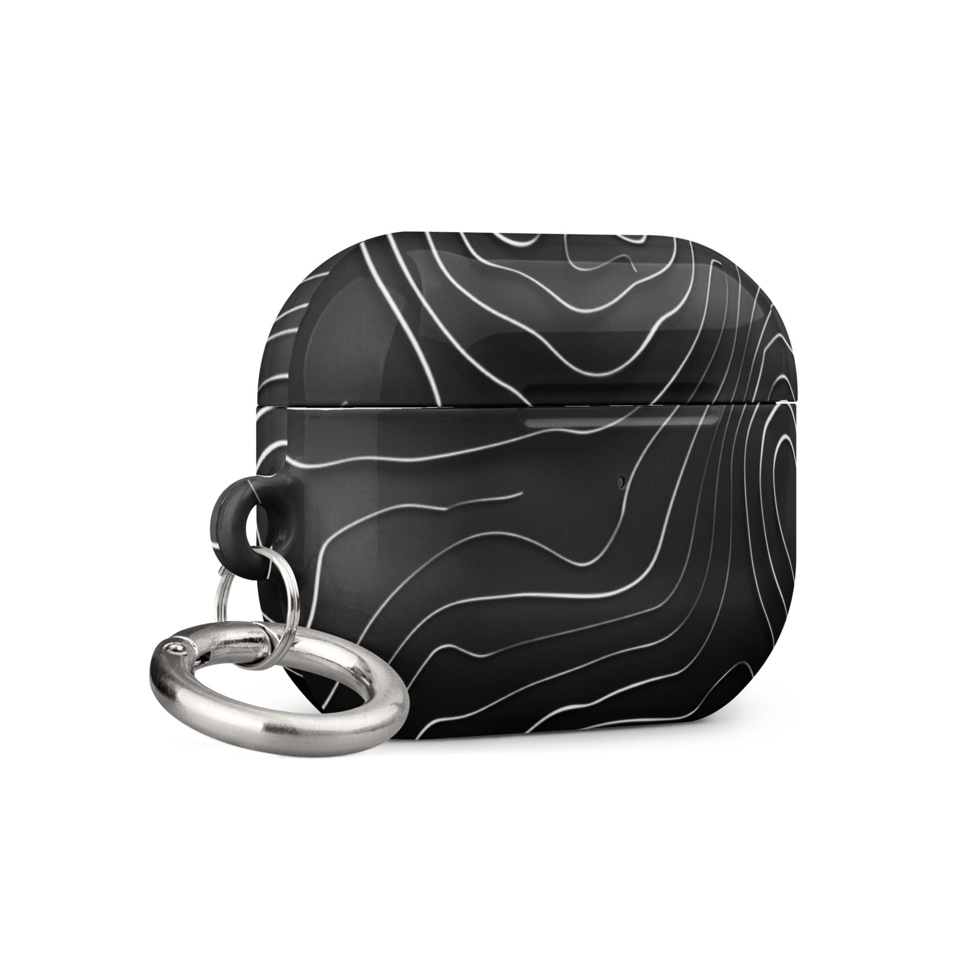Start2Finish AirPods case with topographic pattern in black and gray, protective electronic accessory for wireless earbuds.