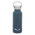 Start2Finish Salewa Valsura insulated stainless steel water bottle with a green cap and sleek silver body, ideal for outdoor hydration.