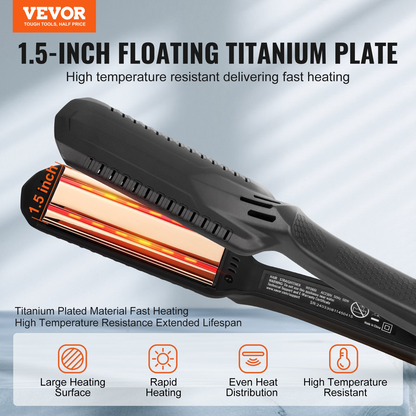 Start2Finish VEVOR 1.5-inch titanium hair straightener with LCD display, infrared technology, and adjustable temperature for salon-quality styling.