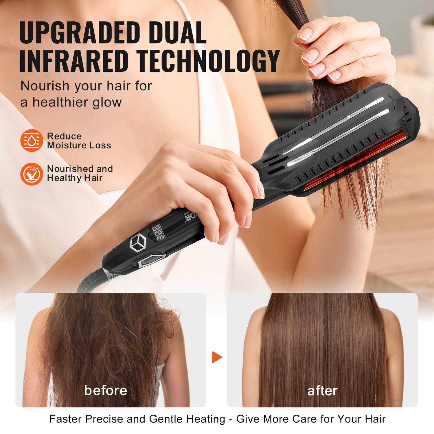 Start2Finish VEVOR titanium hair straightener with LCD display, dual infrared heating, 1.5-inch plates, and adjustable temperature.