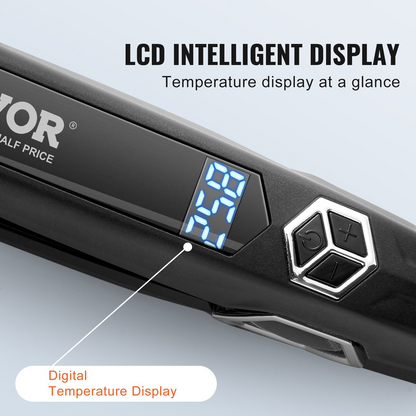 Start2Finish VEVOR titanium flat iron with LCD display, 1.5-inch plates, dual infrared heating, and 19 temperature settings.