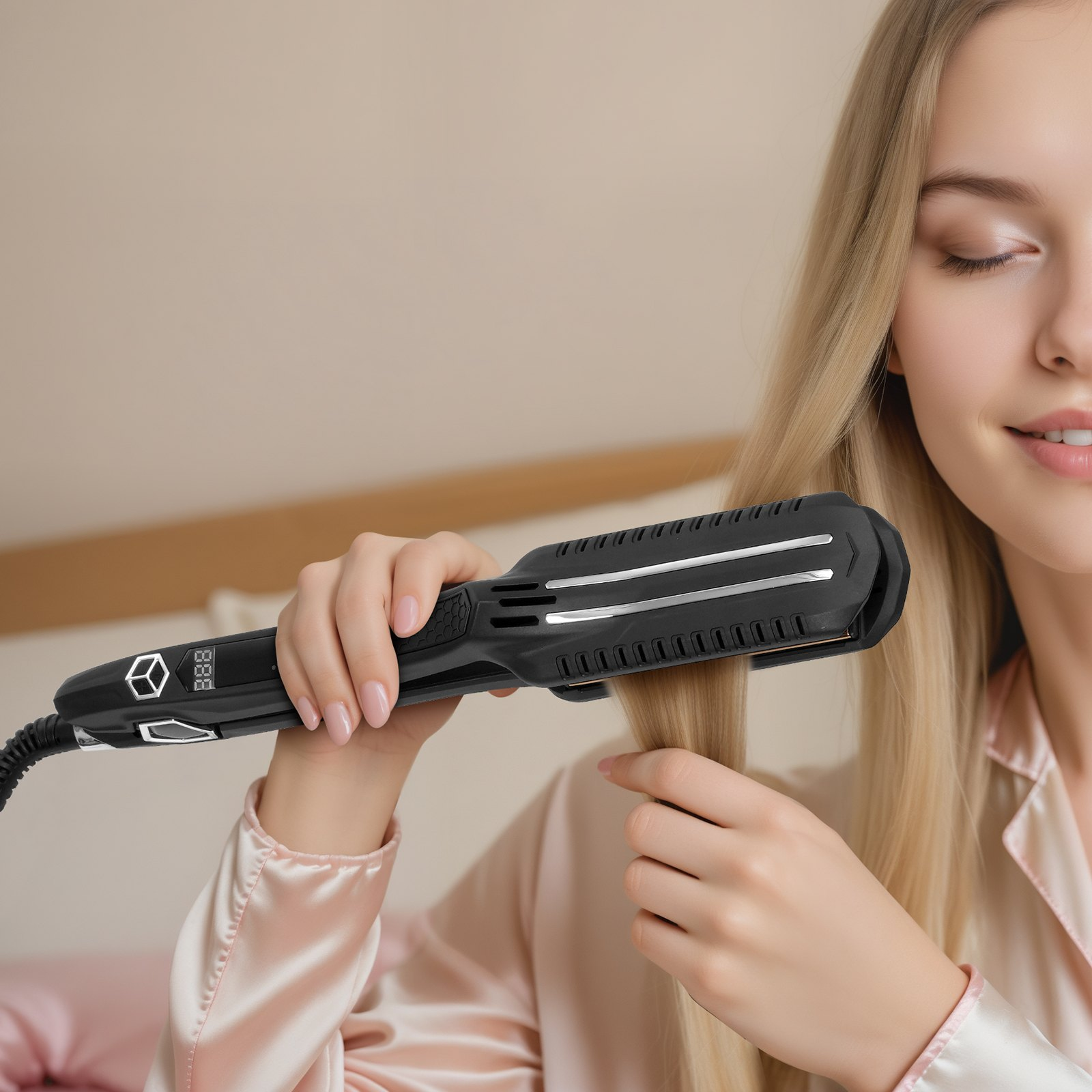 Start2Finish VEVOR 1.5-inch titanium flat iron with LCD display, dual infrared heating, and adjustable temp for salon-quality hair styling.