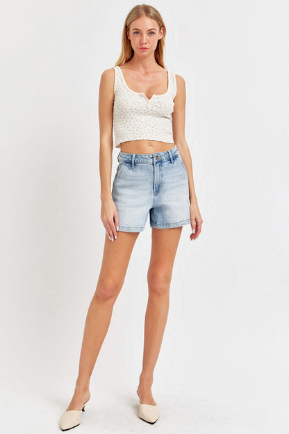 Jade Icarus Risen full-size high rise denim shorts with distressed details and classic five-pocket design, front view.