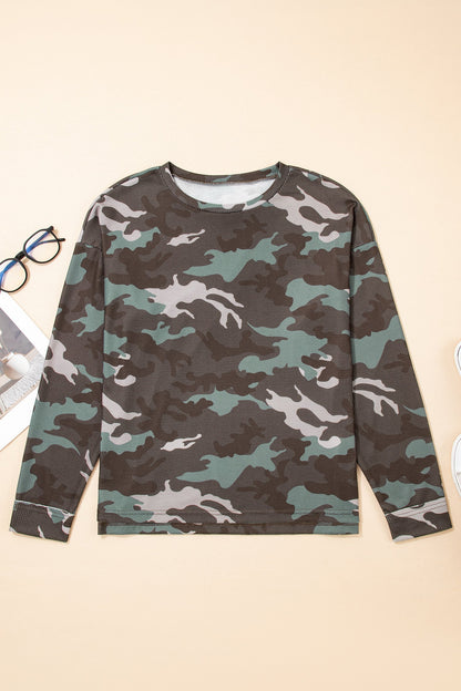 Camo textured drop shoulder long sleeve top by Byzantium Bay, featuring a relaxed fit and stylish camouflage pattern.