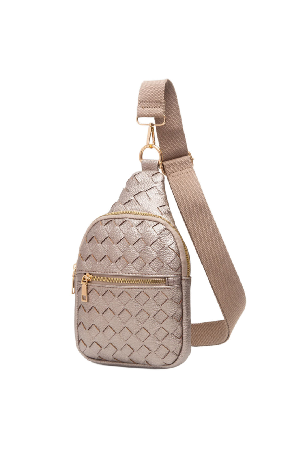 Start2Finish woven vegan leather sling bag with adjustable strap and spacious interior, perfect for stylish accessories.