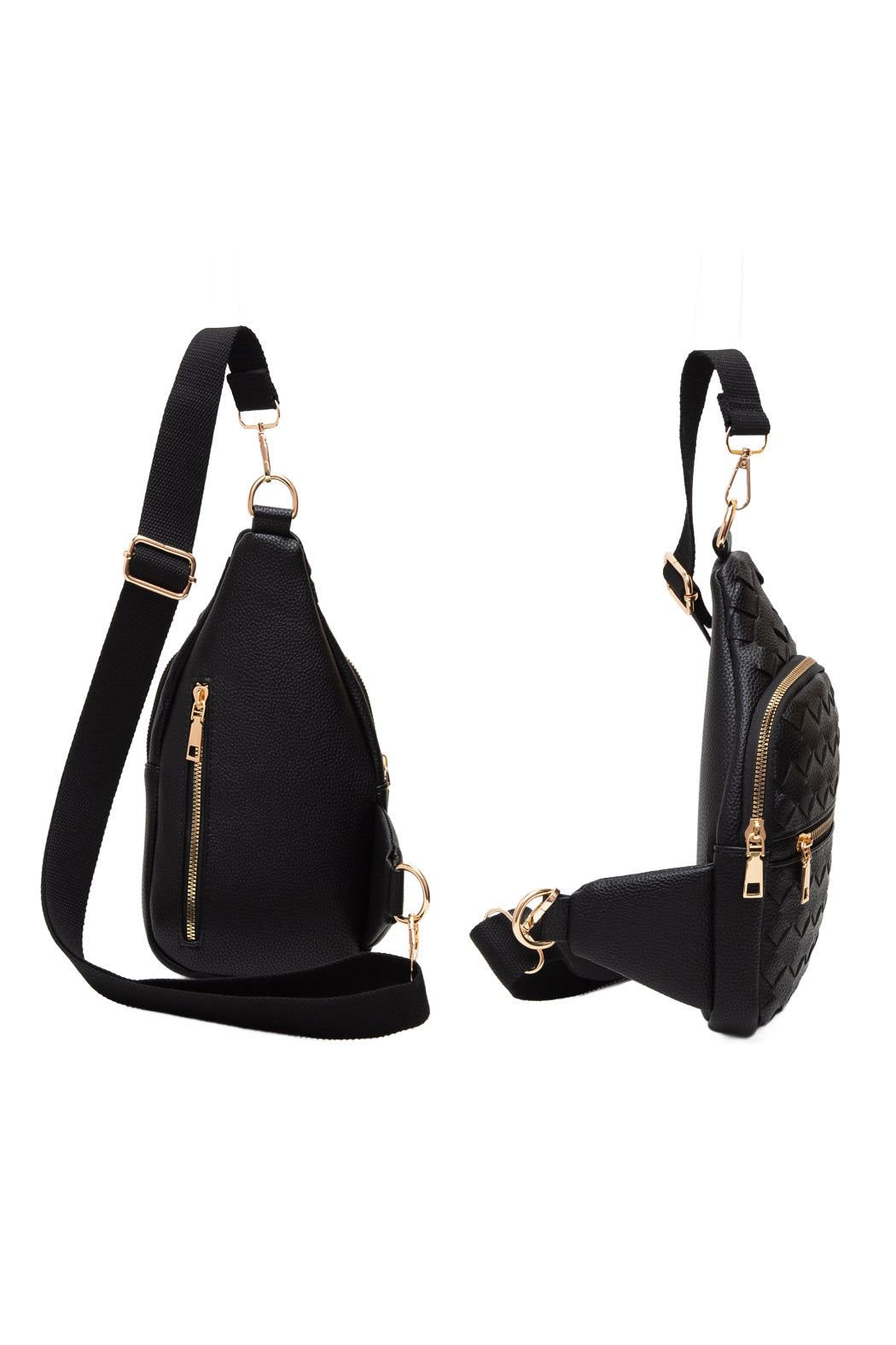 Woven vegan leather sling bag from Start2Finish, stylish accessories with a textured woven design and adjustable strap.