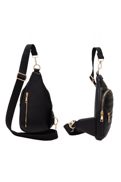 Woven vegan leather sling bag from Start2Finish, stylish accessories with a textured woven design and adjustable strap.