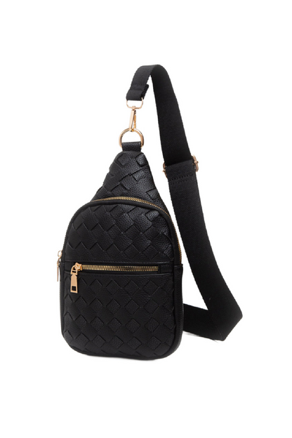 Woven vegan leather sling bag from Start2Finish with adjustable strap and textured design for stylish accessories.