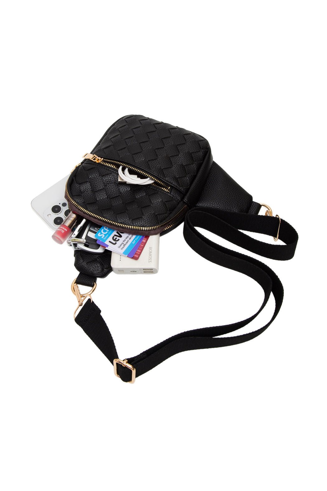 Woven vegan leather sling bag from Start2Finish with adjustable strap and compact design for accessories and everyday use.