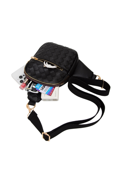 Woven vegan leather sling bag from Start2Finish with adjustable strap and compact design for accessories and everyday use.