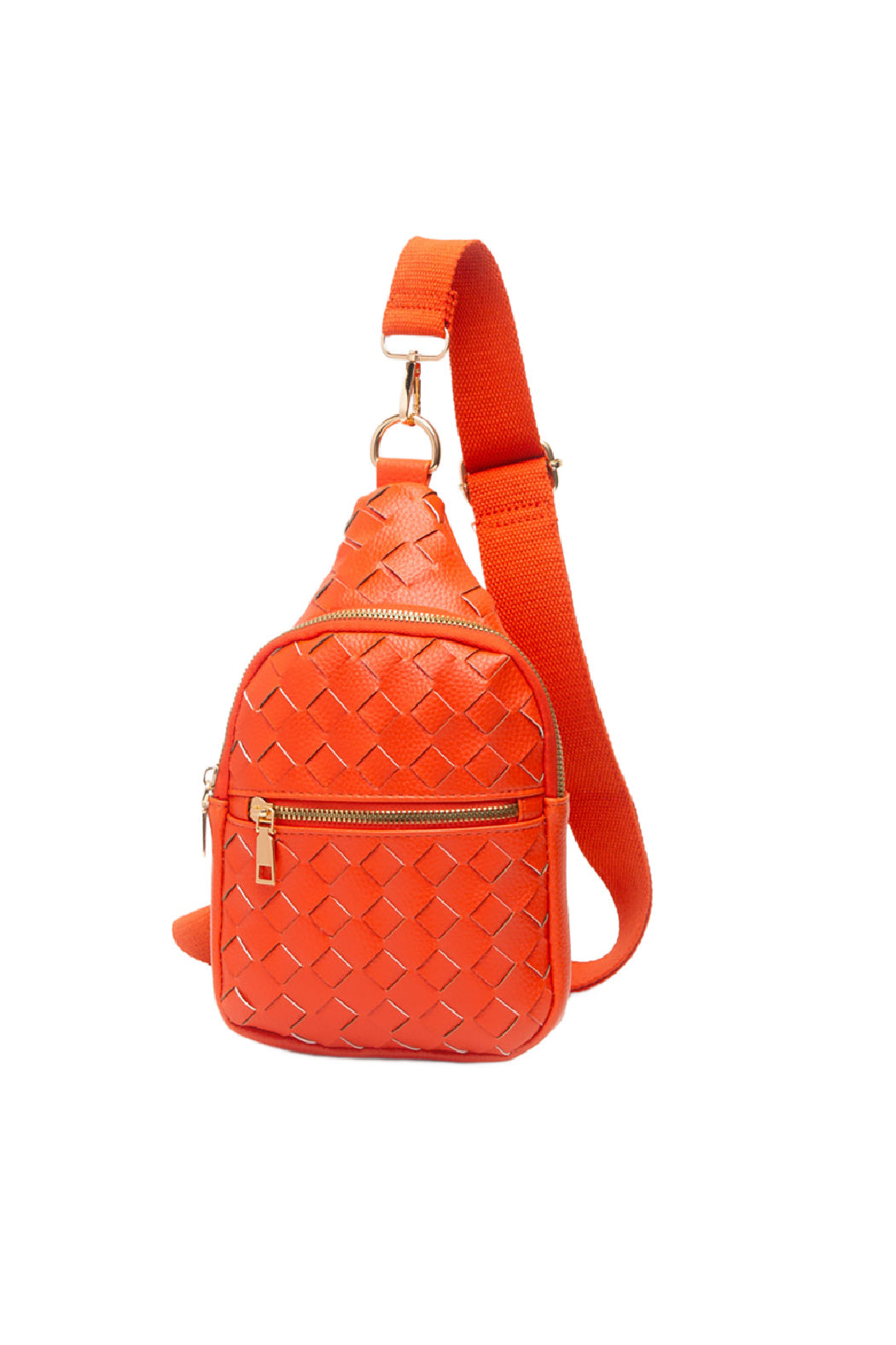 Start2Finish woven vegan leather sling bag showing textured design and adjustable strap, perfect for stylish accessories.