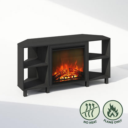 Start2Finish electric corner TV stand with fireplace, fits TVs up to 55 inches, featuring storage shelves and a modern design.
