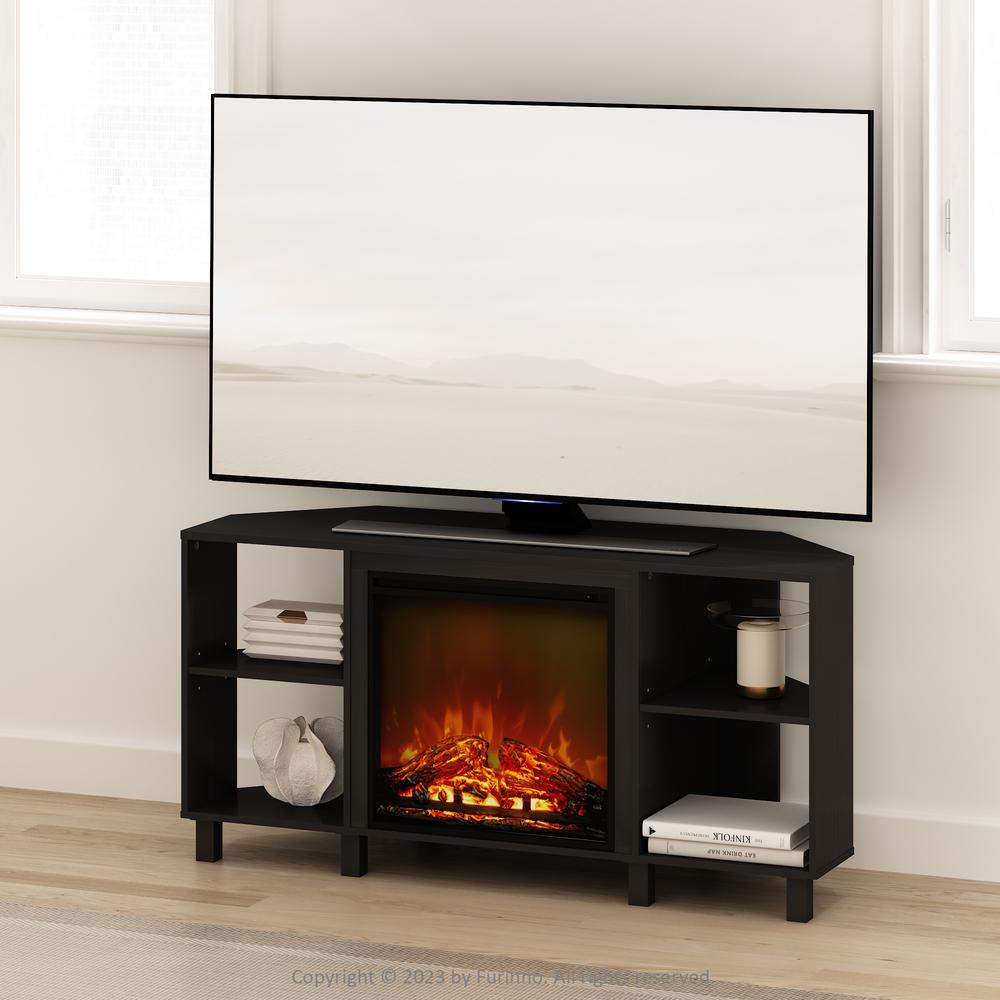 Start2Finish electric fireplace corner TV stand with storage for 55-inch TV, showcasing a modern entertainment center with built-in fireplace.