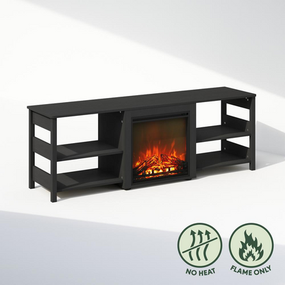 Start2Finish electric fireplace TV stand with storage for 70-inch flat-screen TV, modern entertainment center with warm glow fireplace.