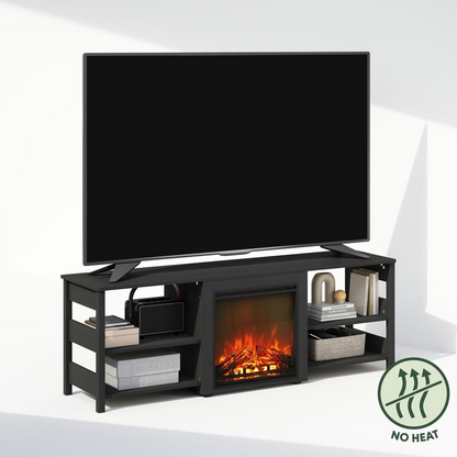 Start2Finish electric fireplace TV stand with storage shelves for 70-inch TVs, featuring a modern furniture design and built-in fireplace.