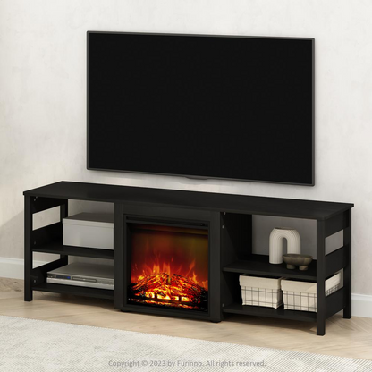 Start2Finish electric fireplace TV stand with storage for up to 70-inch TVs, featuring modern furniture design and integrated heating.