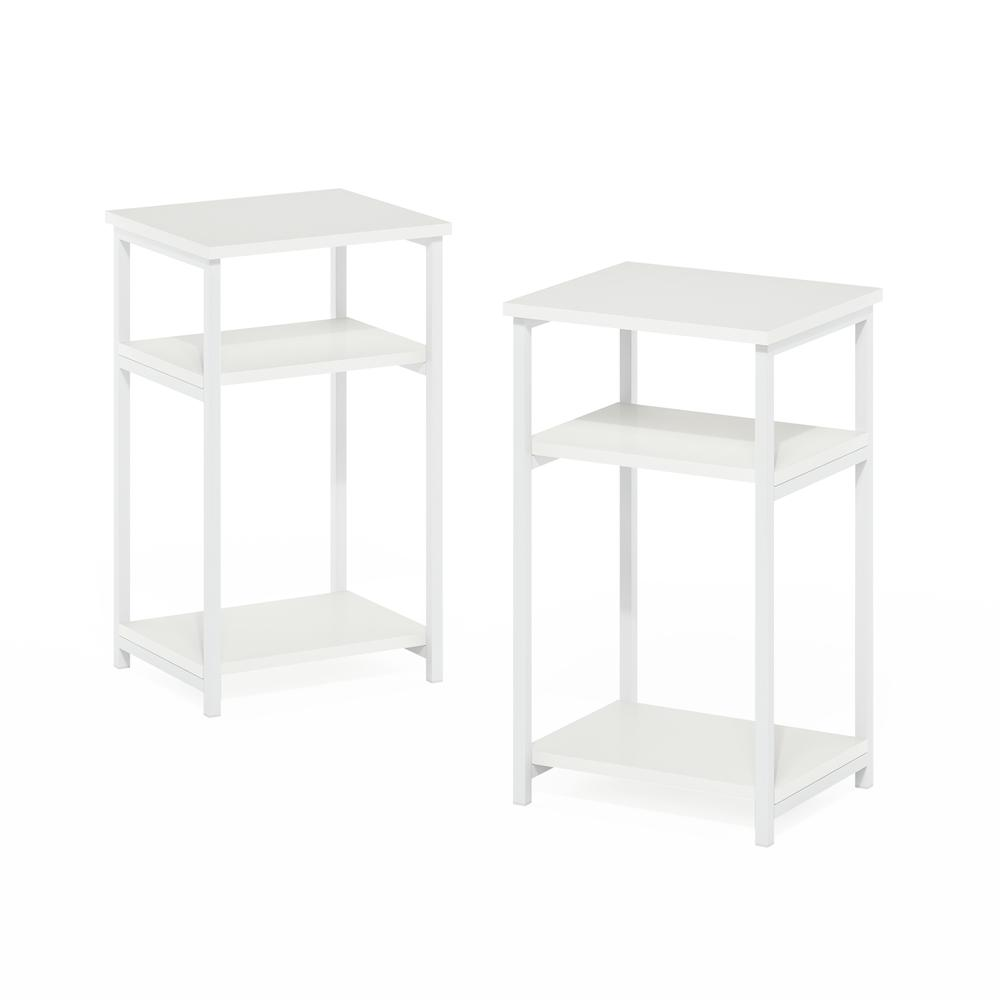 Set of two Start2Finish 3-tier industrial metal frame end tables with storage shelves, showcasing sturdy black metal and wooden surfaces.
