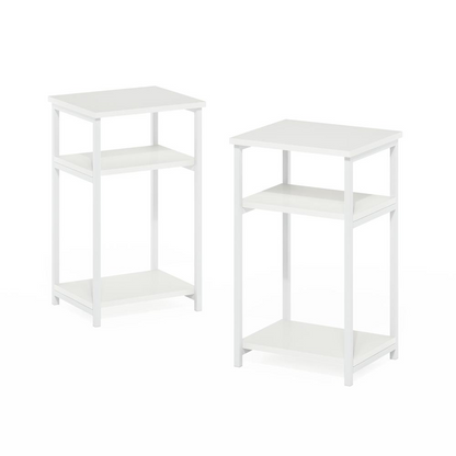 Set of two Start2Finish 3-tier industrial metal frame end tables with storage shelves, showcasing sturdy black metal and wooden surfaces.
