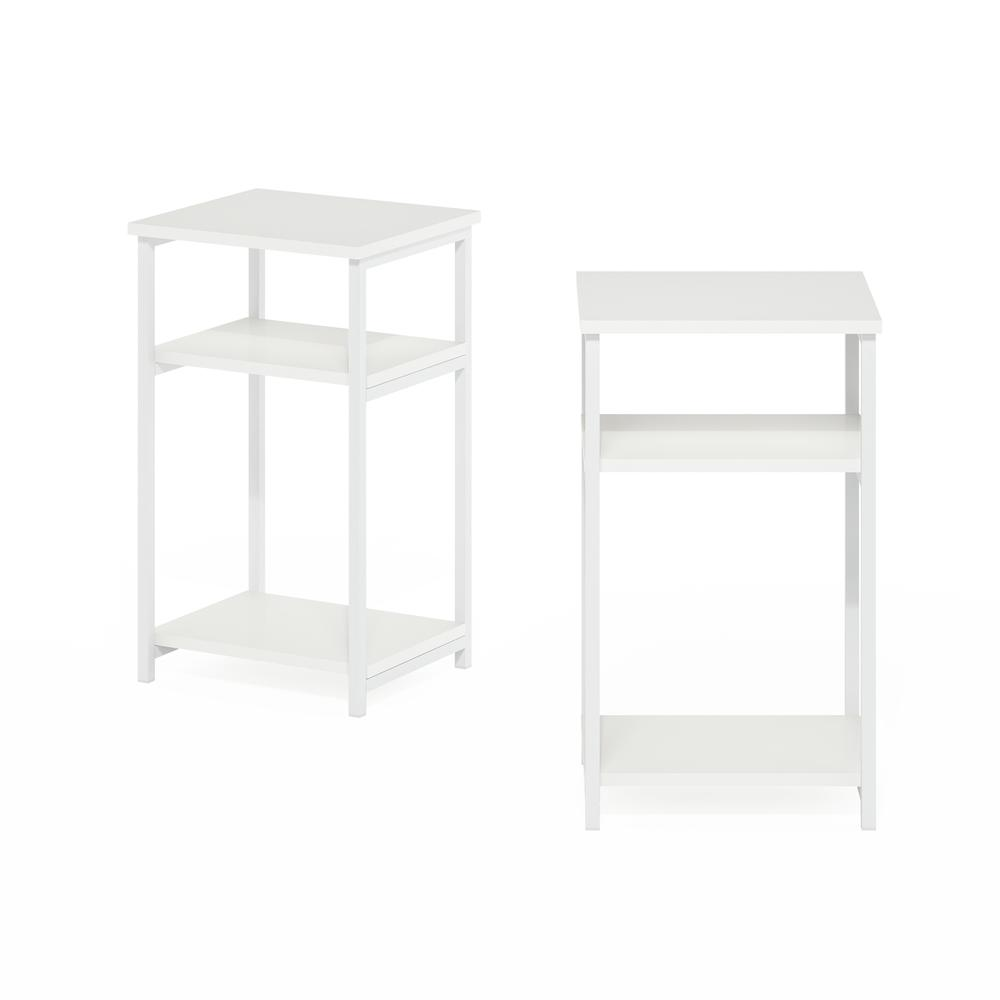 Pair of 3-tier industrial metal frame end tables with storage shelves, black finish, sturdy design, and modern style.