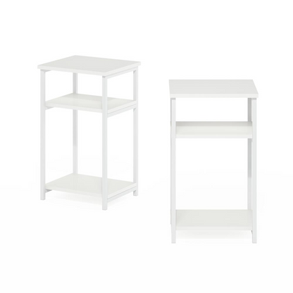 Pair of 3-tier industrial metal frame end tables with storage shelves, black finish, sturdy design, and modern style.