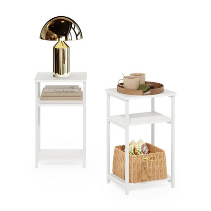 Pair of 3-tier industrial metal frame end tables with storage shelves, black finish, sturdy furniture by Start2Finish.