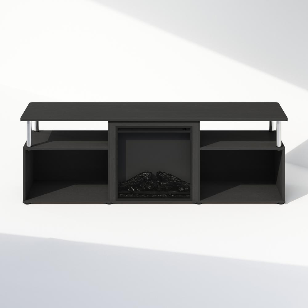 Start2Finish electric corner fireplace TV stand with space for a 70-inch television and storage compartments in a modern design.