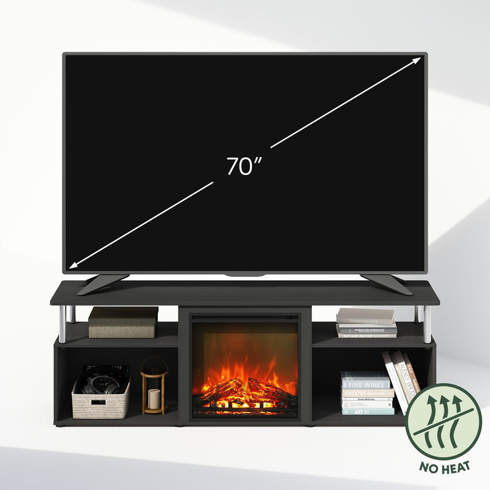 Start2Finish electric corner TV stand with built-in fireplace and storage for a 70-inch entertainment center, showcasing modern design.