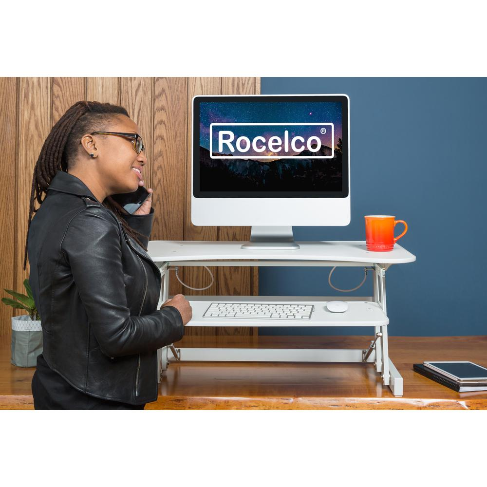 Start2Finish Rocelco 32-inch height adjustable standing desk with sleek black tabletop and sturdy metal frame.