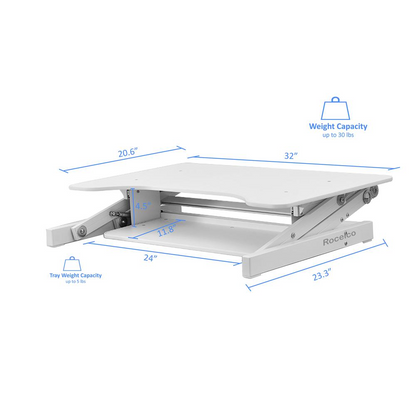 Start2Finish Rocelco 32-inch height adjustable standing desk with sleek black surface and sturdy metal frame.