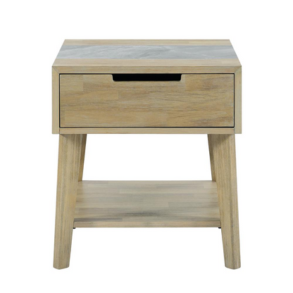Start2Finish Calgary Sintered Stone Inlay Side Table showing a sleek tabletop with inlaid stone pattern and modern wooden legs.