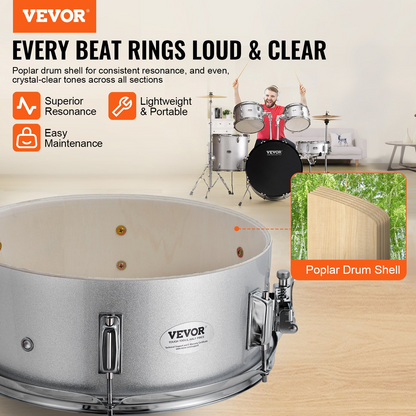 Start2Finish VEVOR 5-piece adult drum set with bass, toms, snare, cymbals, stands, and drumsticks on a silver finish.