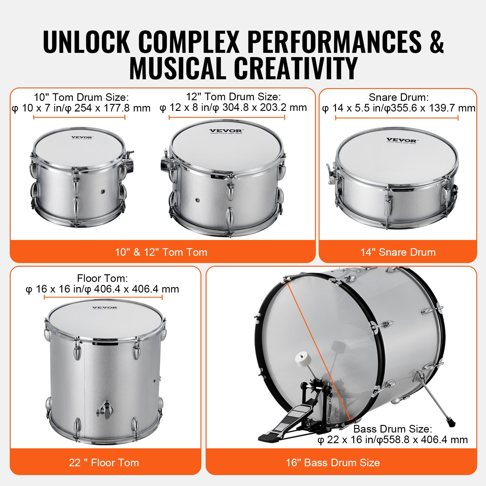 Start2Finish VEVOR 5-piece adult drum set in silver with bass, snare, toms, cymbals, hi-hat, stands, throne, and drumsticks.