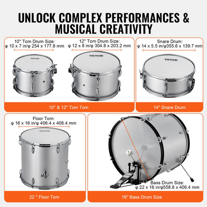 Start2Finish VEVOR 5-piece adult drum set in silver with bass, snare, toms, cymbals, hi-hat, stands, throne, and drumsticks.