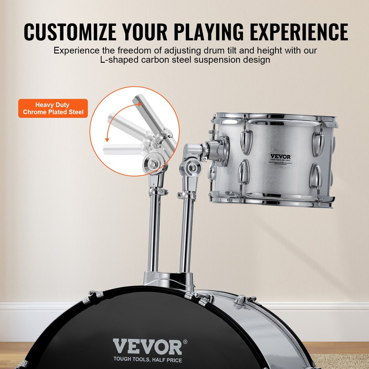 Start2Finish 5-piece adult drum set with silver finish, includes bass, snare, toms, cymbals, stands, hi-hat pedal, and drumsticks.