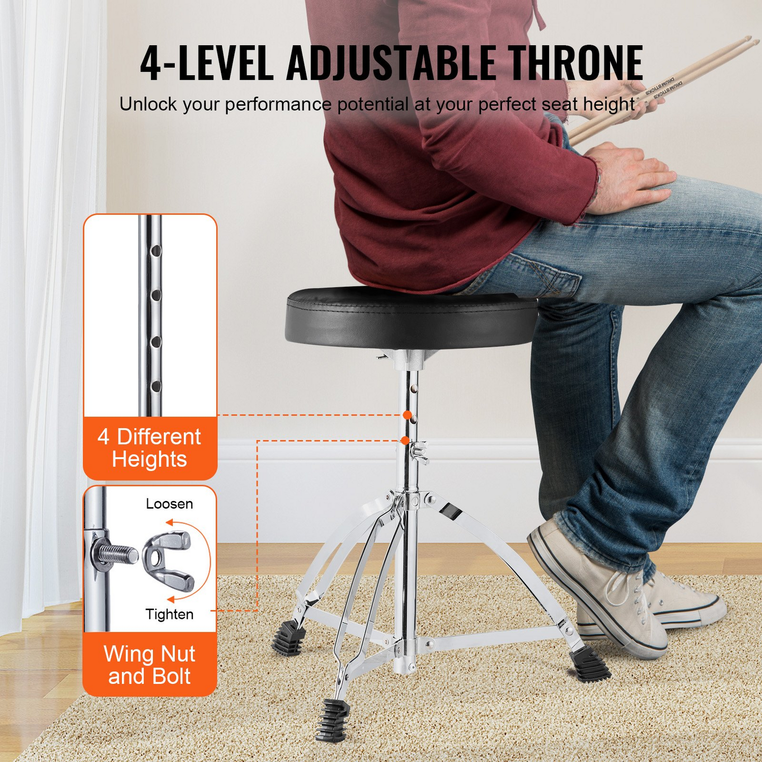 Start2Finish VEVOR adult 5-piece drum set with bass, snare, toms, cymbals, stands, and drumsticks on a silver finish.