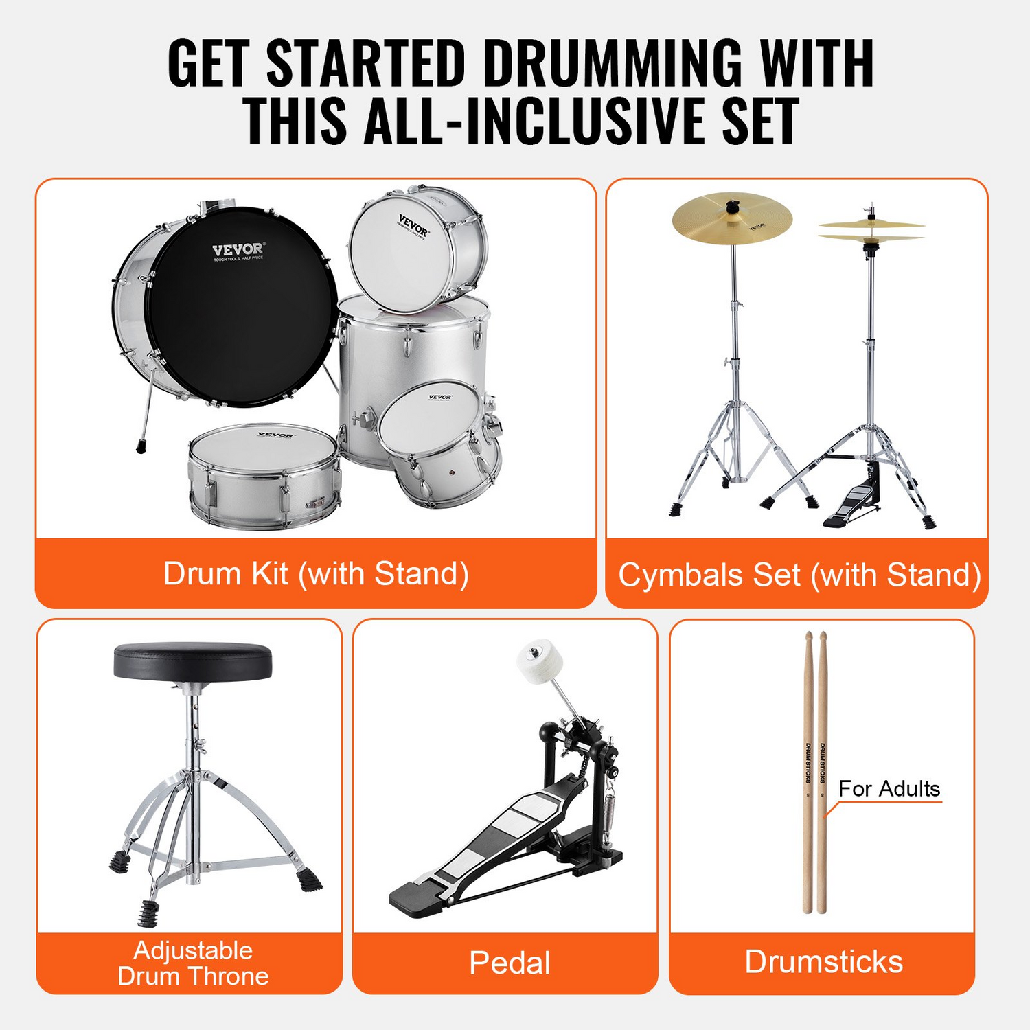 Start2Finish VEVOR 5-piece adult drum set with bass, snare, toms, cymbals, stands, and drumsticks in silver, full-size beginner kit.