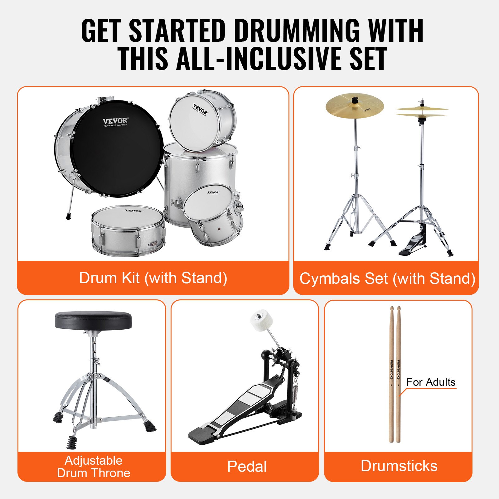 Start2Finish VEVOR 5-piece adult drum set with bass, snare, toms, cymbals, stands, and drumsticks in silver, full-size beginner kit.