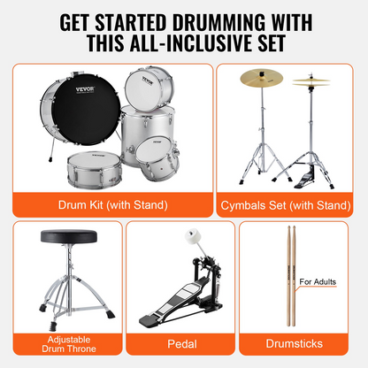 Start2Finish VEVOR 5-piece adult drum set with bass, snare, toms, cymbals, stands, and drumsticks in silver, full-size beginner kit.