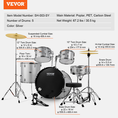 Start2Finish VEVOR 5-piece adult drum set with bass, snare, toms, cymbals, stands, and drumsticks in silver for beginners.