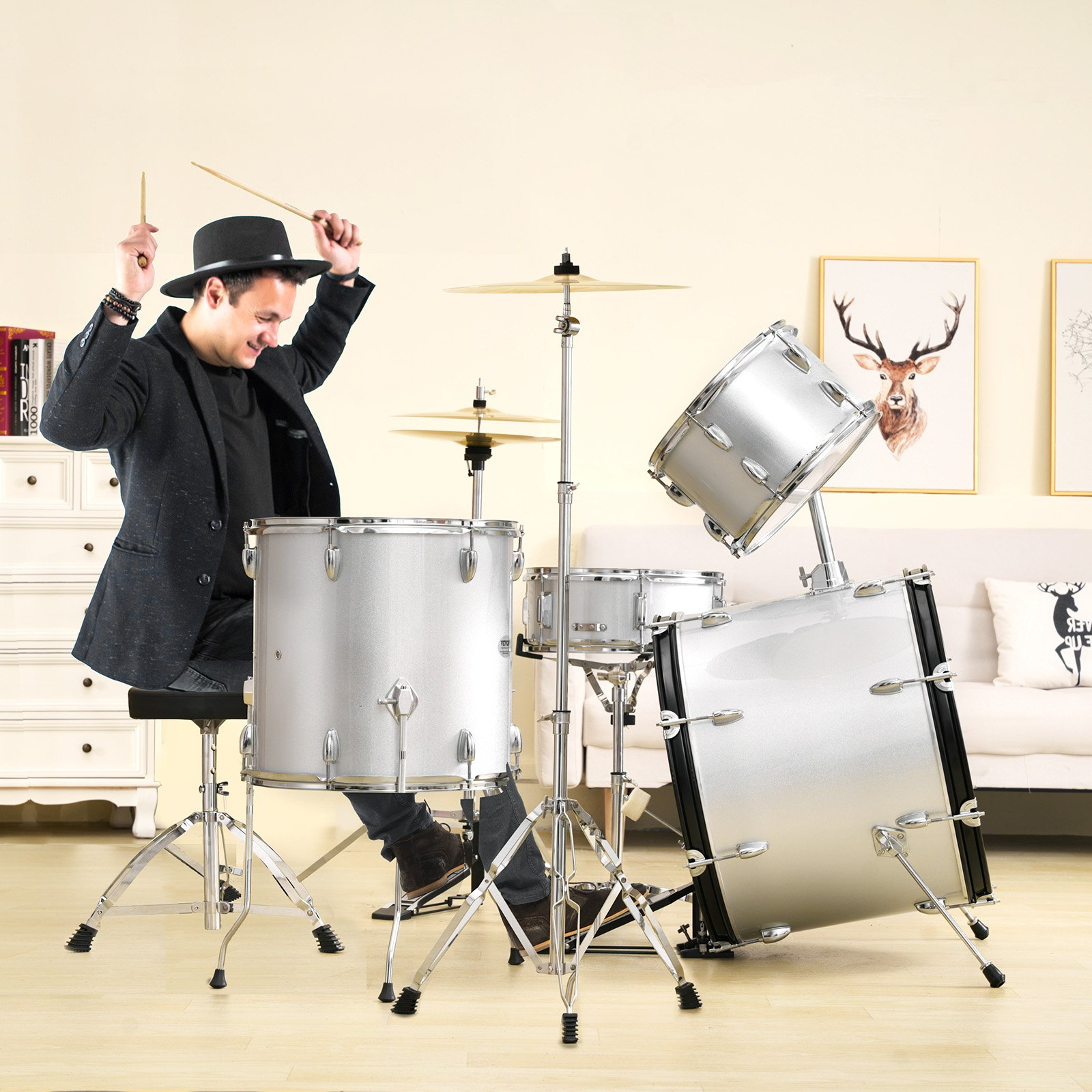 Start2Finish VEVOR 5-piece adult drum set with bass, snare, toms, cymbals, throne, stands, and drumsticks in silver.