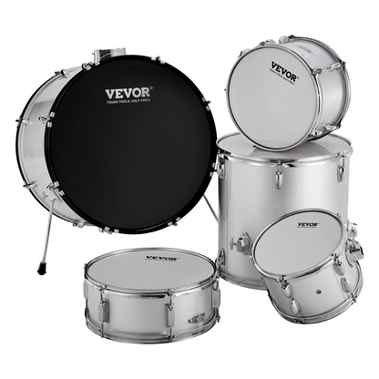 Start2Finish VEVOR 5-piece adult drum set with bass, snare, toms, cymbals, stands, throne, and drumsticks in silver.