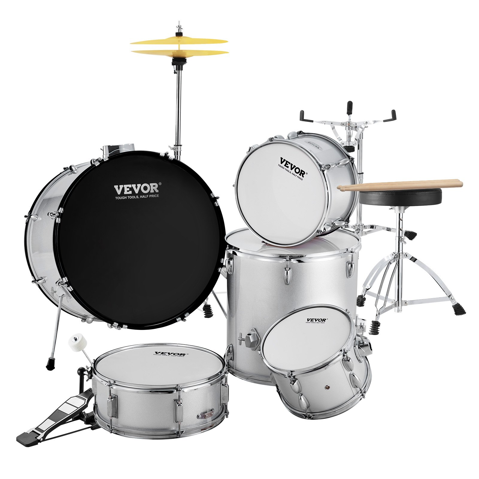 Start2Finish VEVOR 5-piece adult drum set with bass, snare, toms, cymbals, stands, drumsticks, and adjustable throne in silver.