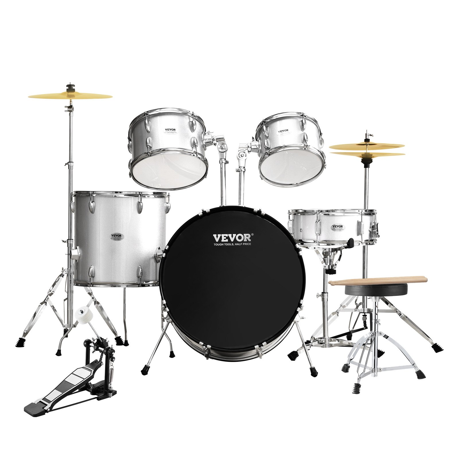 Start2Finish VEVOR 5-piece adult drum set with bass, snare, cymbals, stands, drumsticks, and adjustable throne in silver.