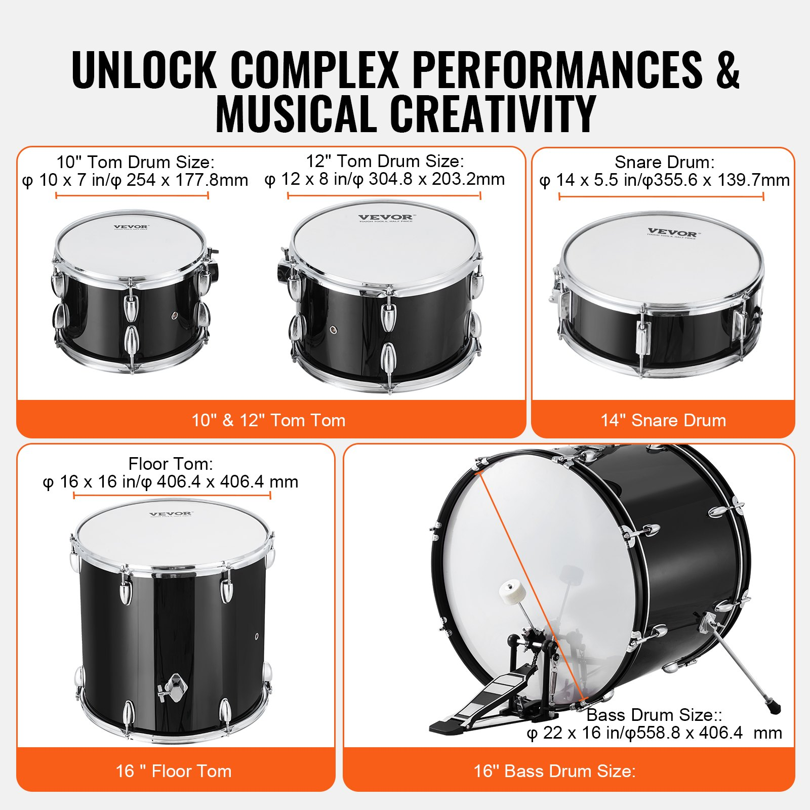 Adult VEVOR 5-piece drum set with bass, snare, toms, cymbals, hi-hat, stands, and drumsticks in black, full-size beginner kit.