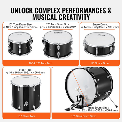 Adult VEVOR 5-piece drum set with bass, snare, toms, cymbals, hi-hat, stands, and drumsticks in black, full-size beginner kit.