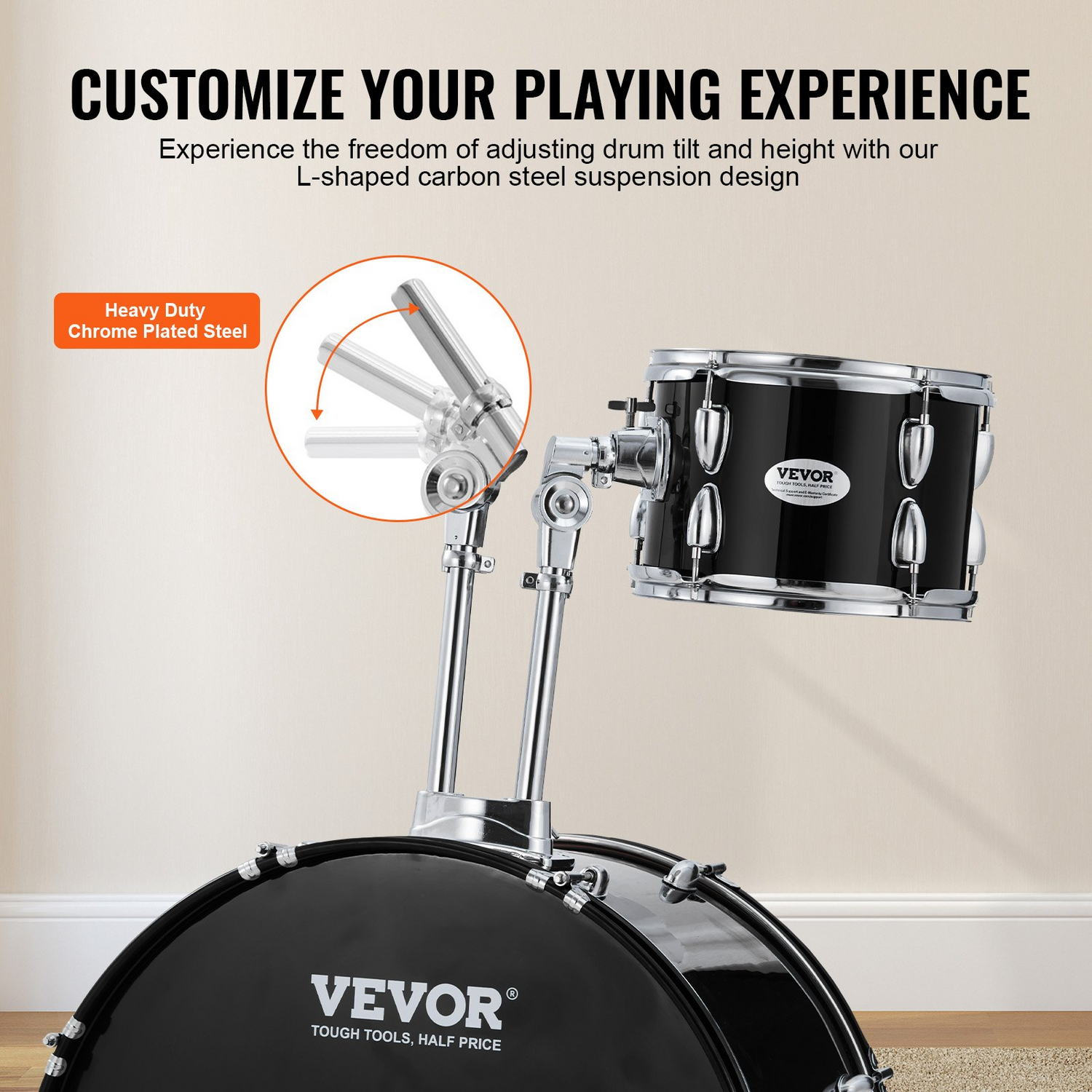 Start2Finish VEVOR 5-piece adult drum set with bass, snare, toms, cymbals, throne, stands, and drumsticks in black.