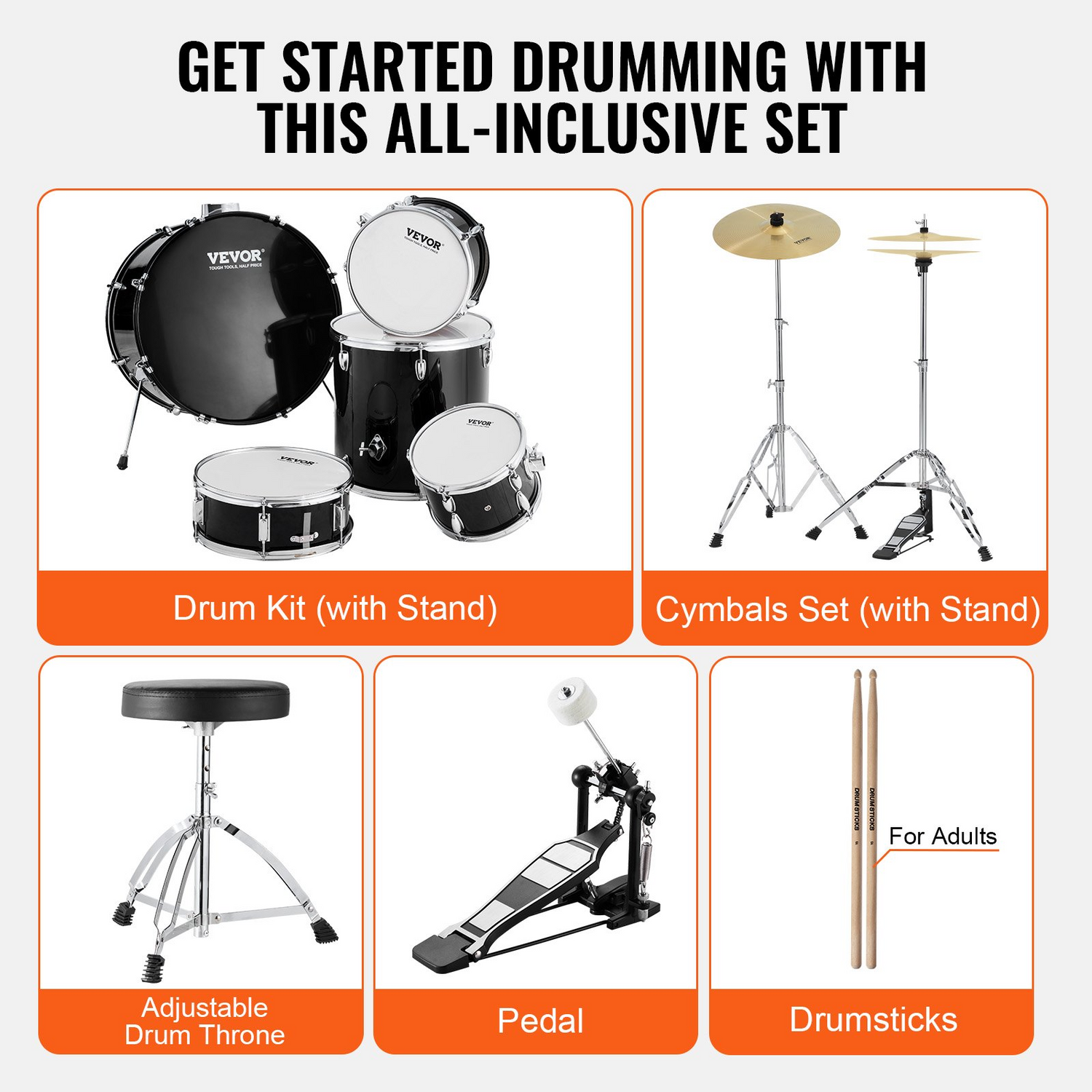 Start2Finish 5-piece adult drum set with bass, snare, toms, cymbals, stands, hi-hat pedal, and drumsticks in black