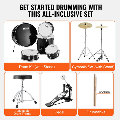 Start2Finish 5-piece adult drum set with bass, snare, toms, cymbals, stands, hi-hat pedal, and drumsticks in black