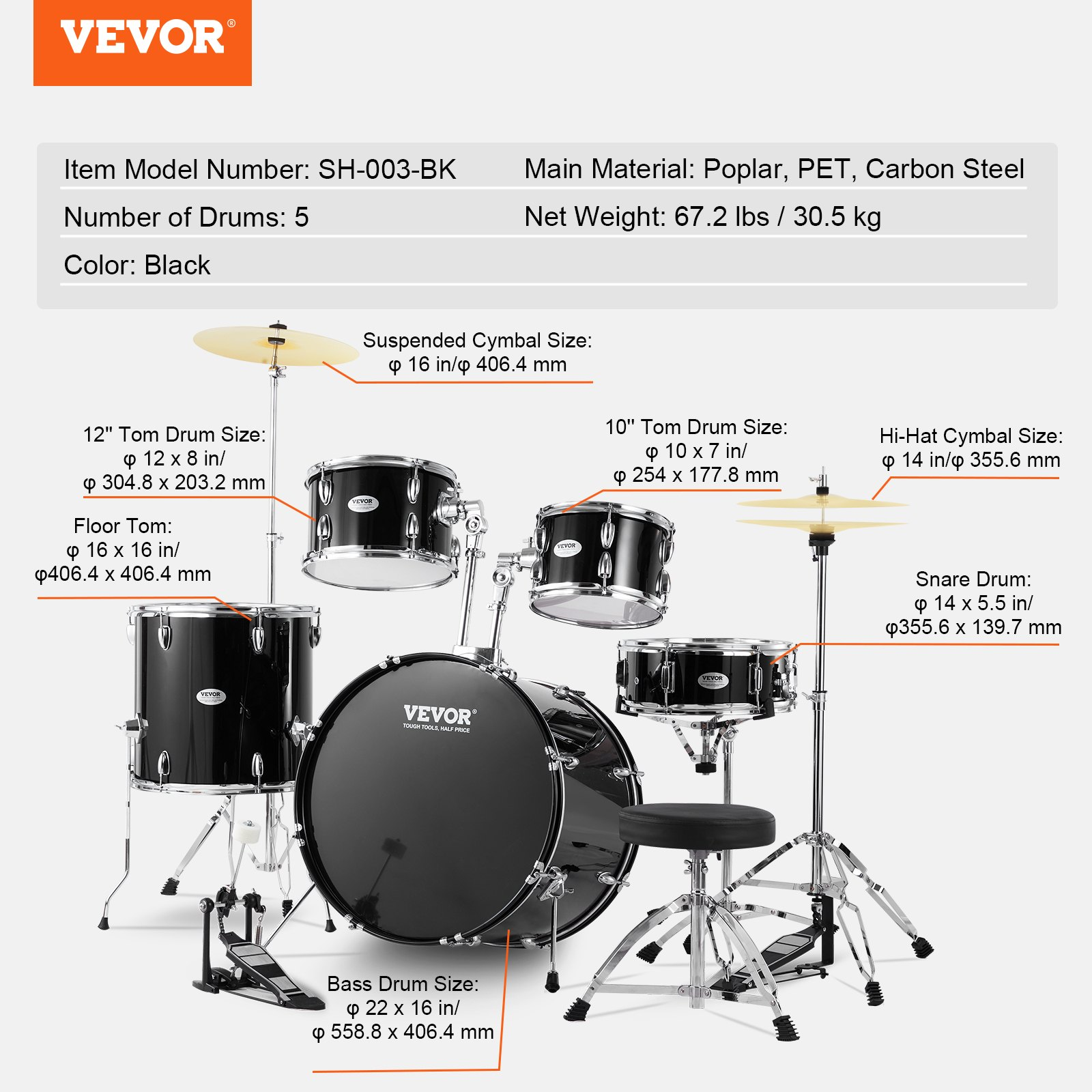 Adult 5-piece VEVOR drum set with bass, snare, toms, cymbals, stands, throne, and drumsticks in black, full-size beginner musical instrument